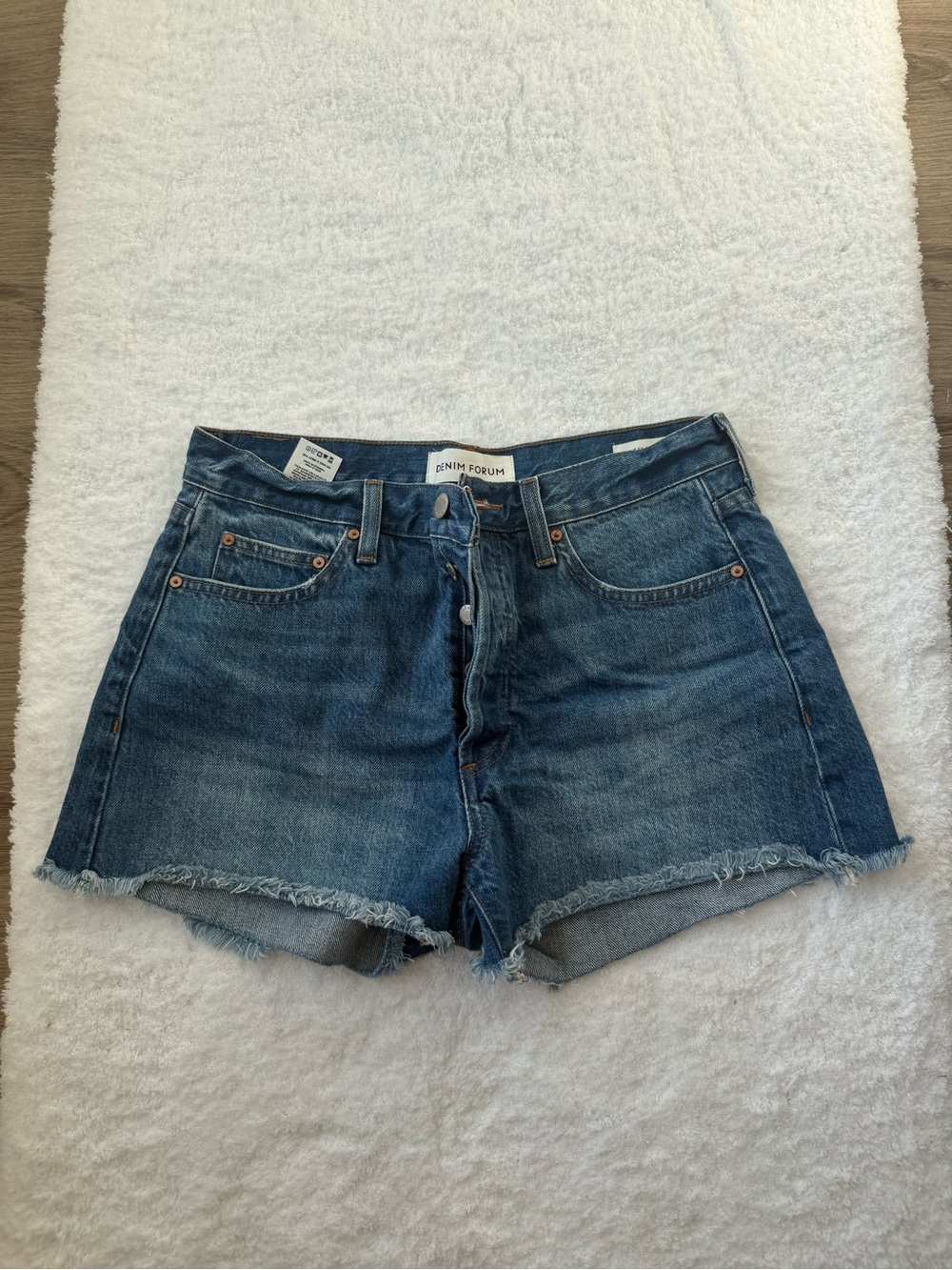 Denim Forum Blue High-Rise Raw Hem Denim Shorts